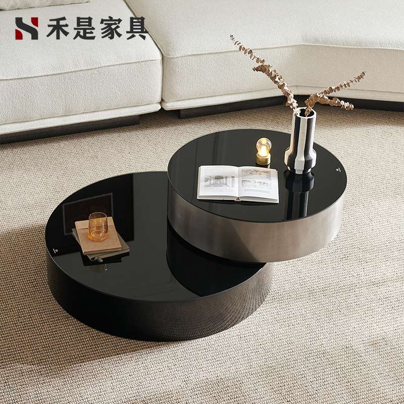 意式轻奢现代客厅家用办公创意设计可旋转大小圆形不锈钢玻璃茶几