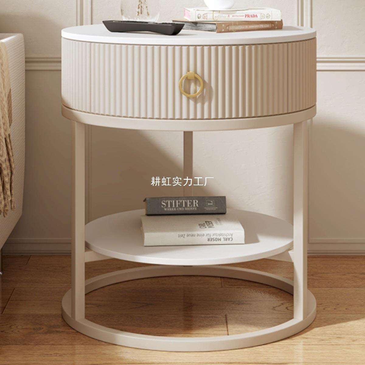 圆形小茶几客厅家用沙发岩板边几卧室带抽屉床头柜简约现代收纳