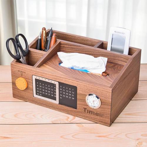 创意实木多功能万年历钟表收纳盒桌面办公文具笔筒摆件客厅纸巾盒