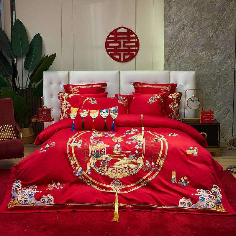 新款婚庆四件套结婚陪嫁贡缎长绒棉大红高档刺绣床上用品多件套
