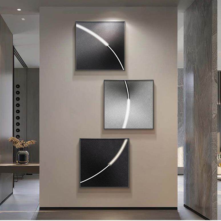 现代黑白灰玄幻装饰画发光客厅艺术挂画极简楼梯玄关画正方形壁画