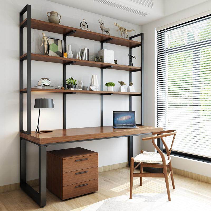 严选美式简约实木电脑桌学生写字学习桌收纳书桌书架组合一体桌子