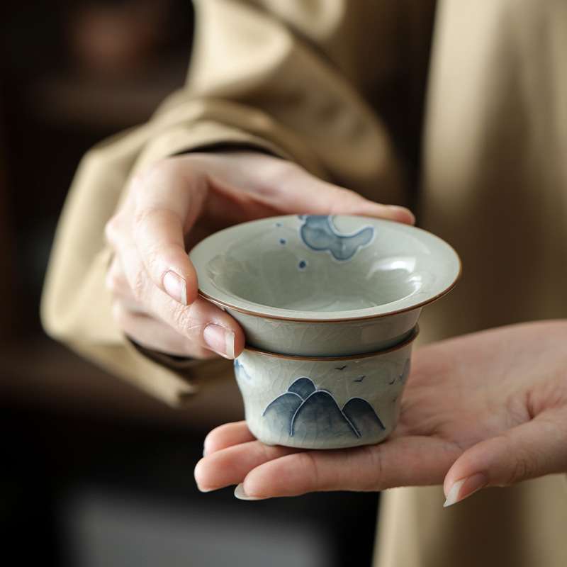 堆雕哥窑手绘远山全瓷一体茶漏过滤组釉下彩陶瓷过滤器茶道配件