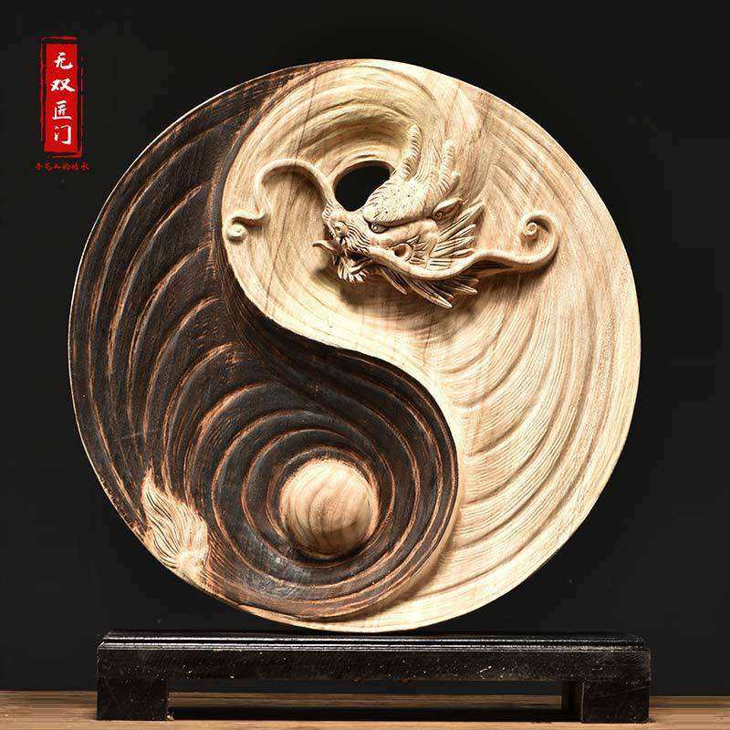 香樟木雕龙摆件牛转乾坤雕刻新中式家居装饰客厅复古圆形根雕