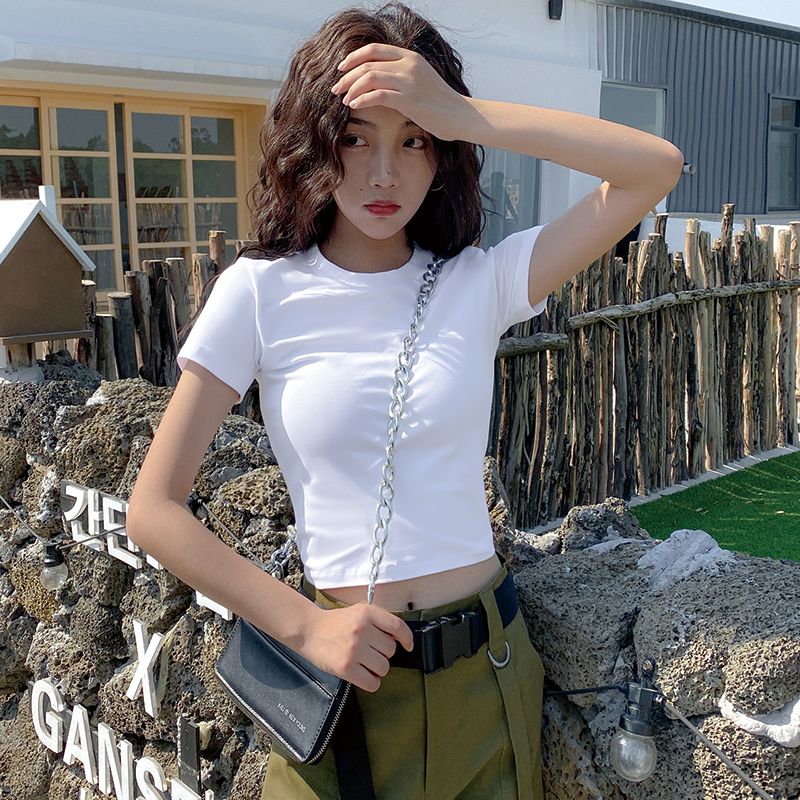 正肩夏季露脐上衣设计感白色短款t恤女短袖百搭显瘦修身高腰ins潮