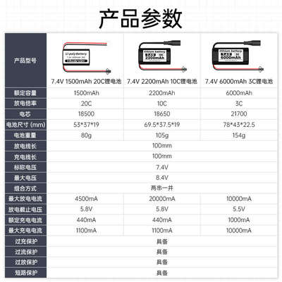 7.4V锂电池20C高倍率1500/2200/6000mah毫安大容量机器人航模专用