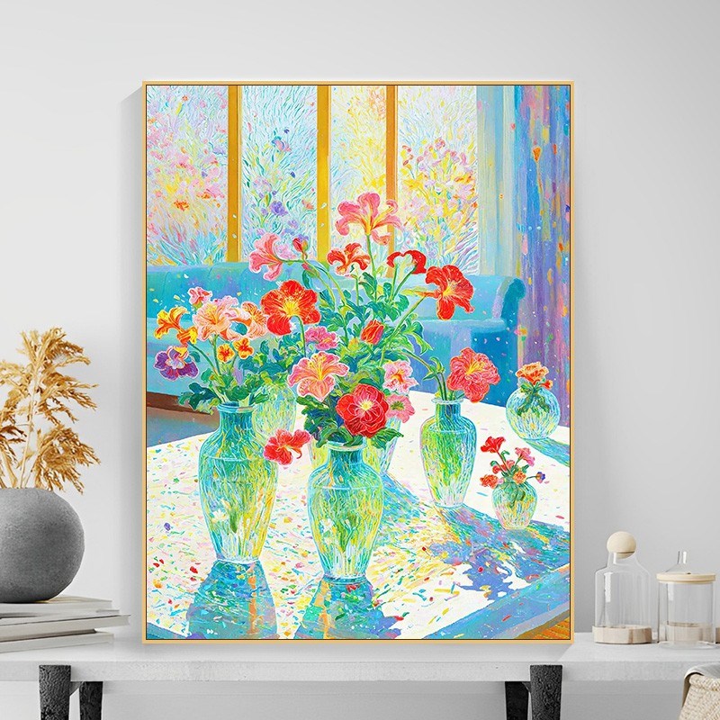 窗台上的花卉diy数字油画手工填充填色油彩画丙烯卧室装饰画高级图片