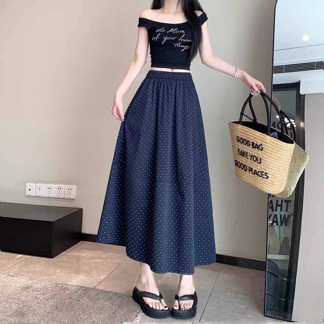 波点半身裙女夏季2026新款显瘦垂感a字伞裙薄款休闲百搭长裙dg