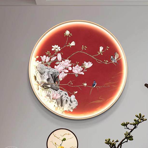 新中式圆形入户玄关装饰画LED发光画中国风客厅喜上眉梢茶室挂画