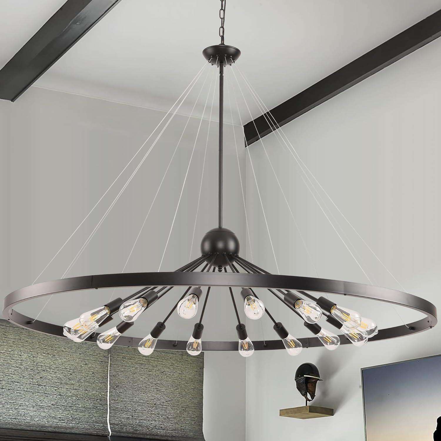 美式工业复古创意黑色车轮吊灯圆形餐厅卧室客厅复式楼LED灯