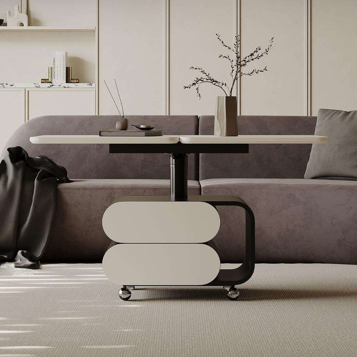 意式极简可移动茶几升降折叠旋转餐桌长方形客厅家用小推车边几