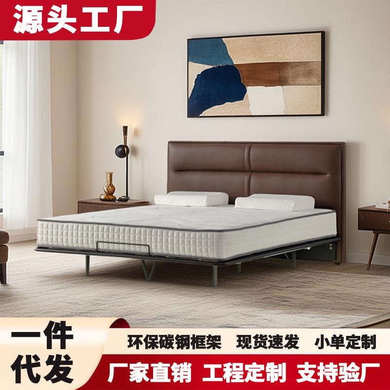 现代简约软包皮艺床悬浮床轻奢真皮床卧室1.8米双人床实木框架