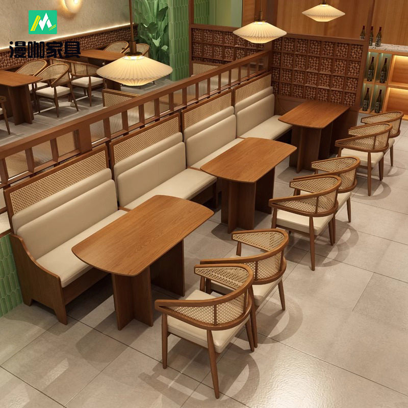 餐厅卡座沙发连锁日料火锅店商用东南亚藤编实木餐饮桌椅组合商用