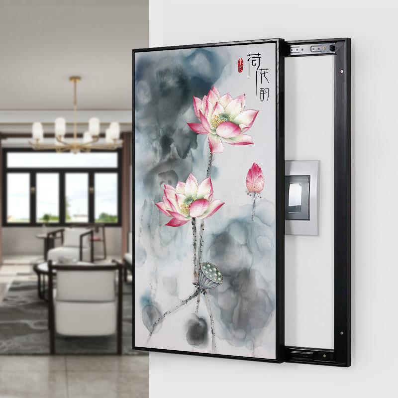 电表箱遮挡装饰画竖版水墨荷花可大尺寸轨道推拉强弱电箱壁画