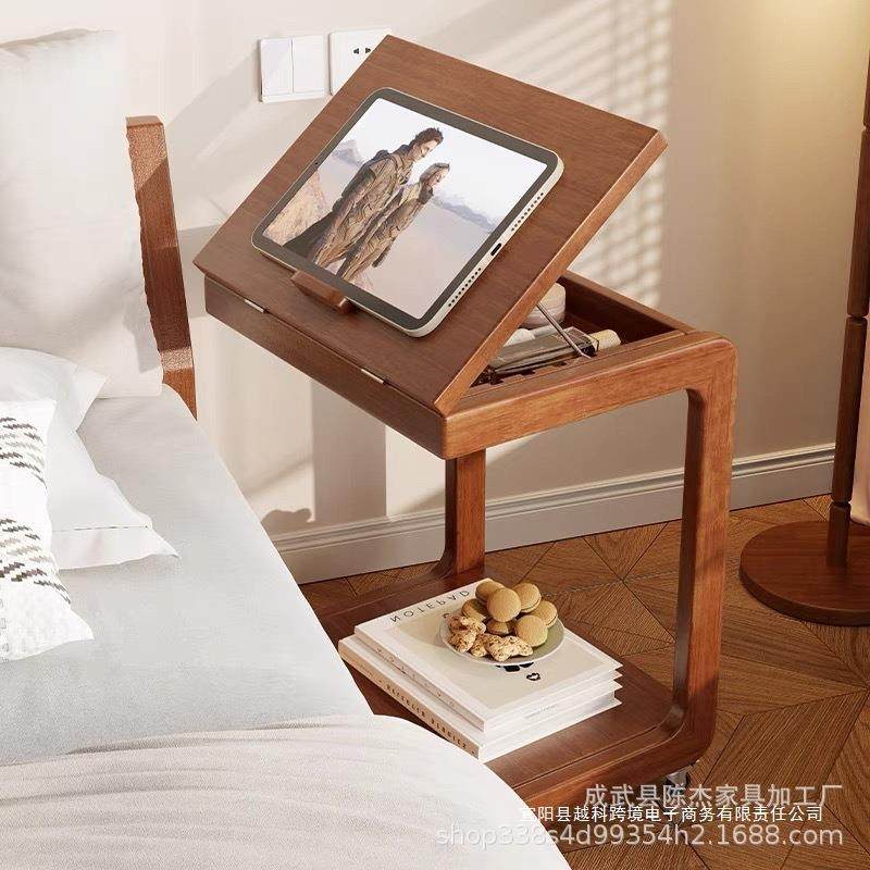 实木移动小茶几家用带轮边几卧室多功能可翻盖床头桌客厅沙发边几