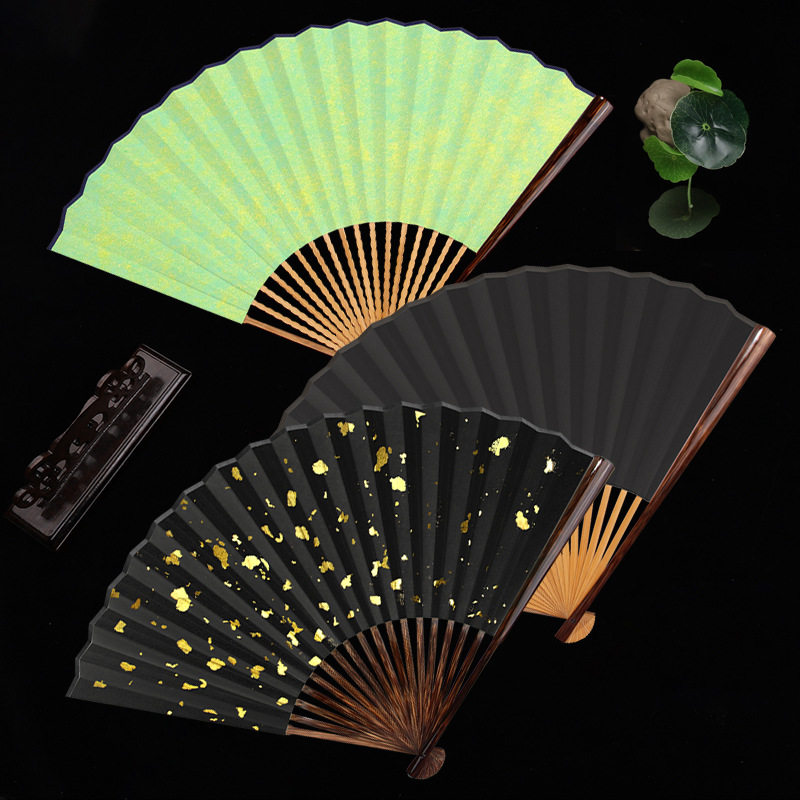 棕竹折扇绿色黑色洒金半芯全芯宣纸苏工空白扇面文玩扇子夏折叠扇
