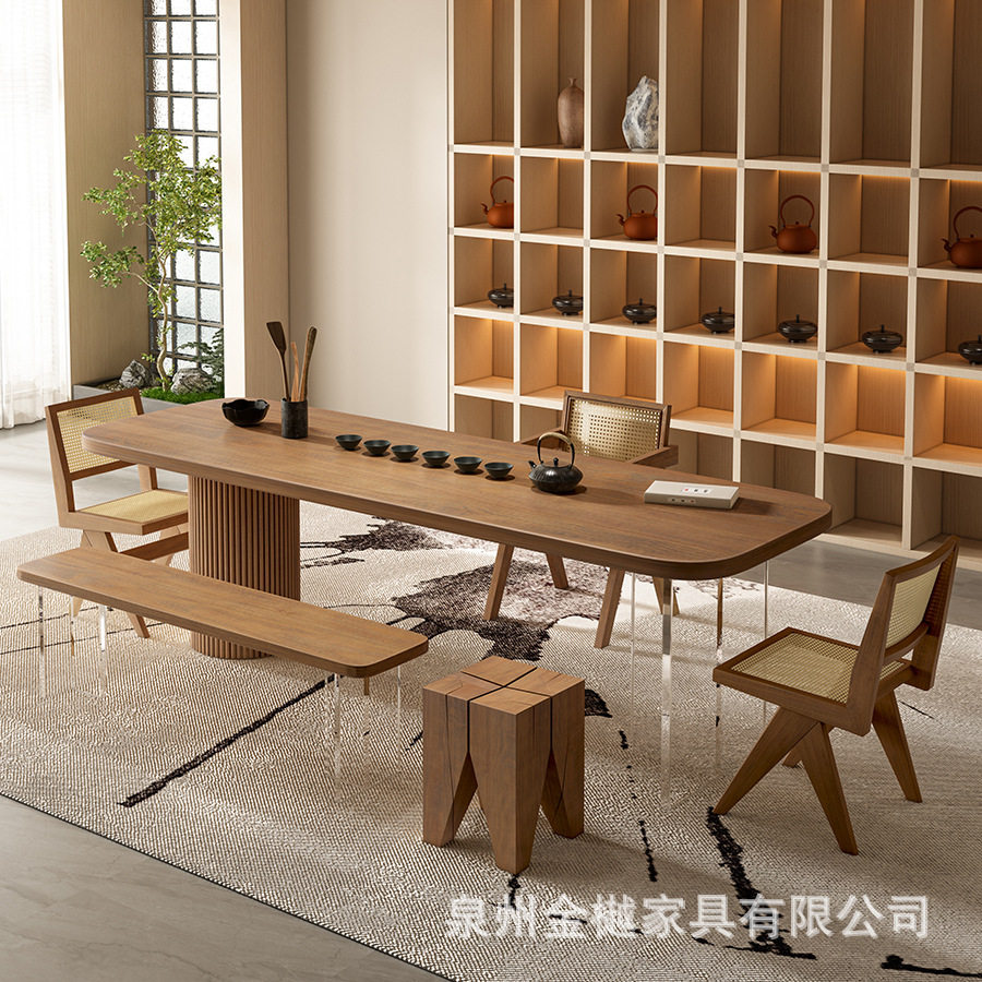 新中式泡茶桌茶桌椅组合酒店民宿大厅茶桌家具实木胡桃木家用