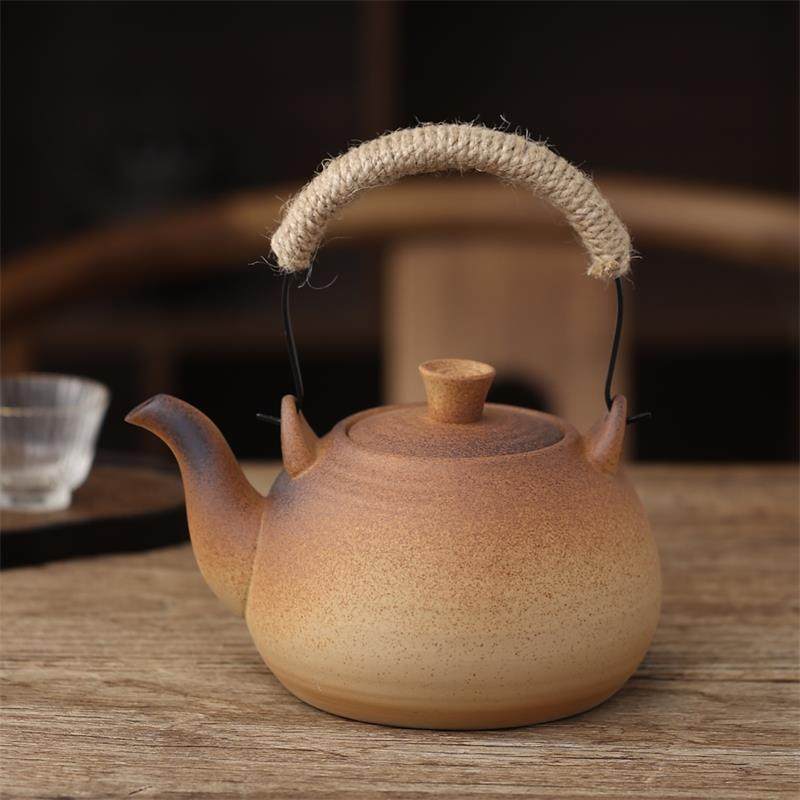 日式仿柴烧窑变煮茶壶电陶炉炭火烧水壶提梁泡茶壶白泥耐高温陶壶