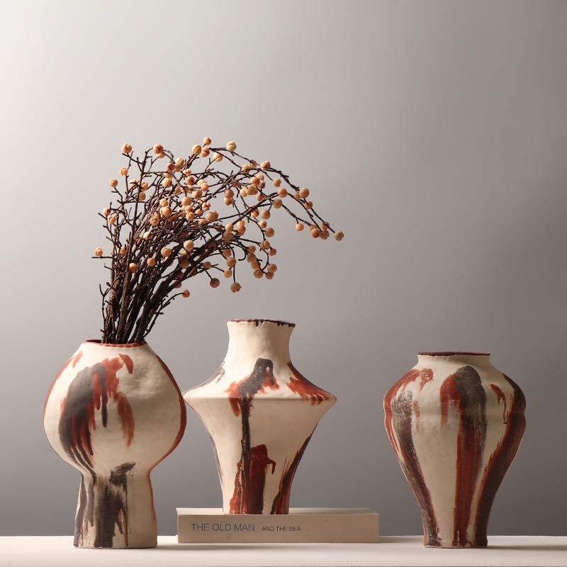 设计师软装搭配陶瓷花瓶现代创意手绘拼色图案装饰摆件民宿插花