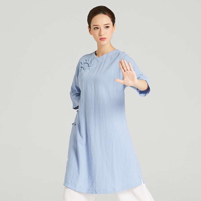 春季太极服女 斜领大襟竹节麻练功表演武术服晨练太极服套装