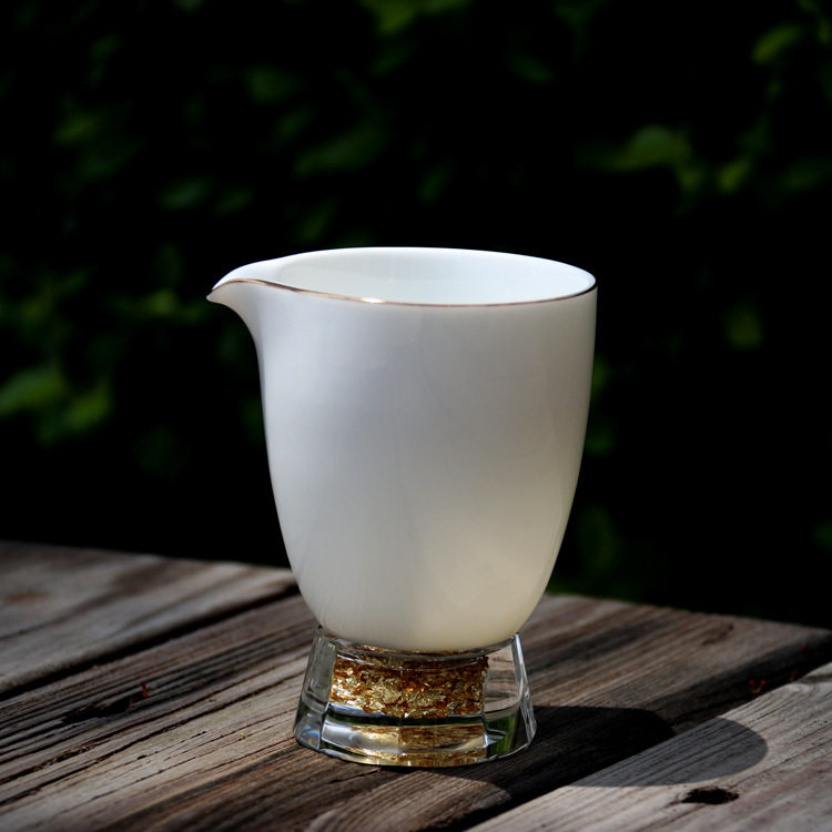 高档羊脂玉金箔水晶珠圆茶海白瓷手抓公道杯玻璃公杯陶瓷分茶器