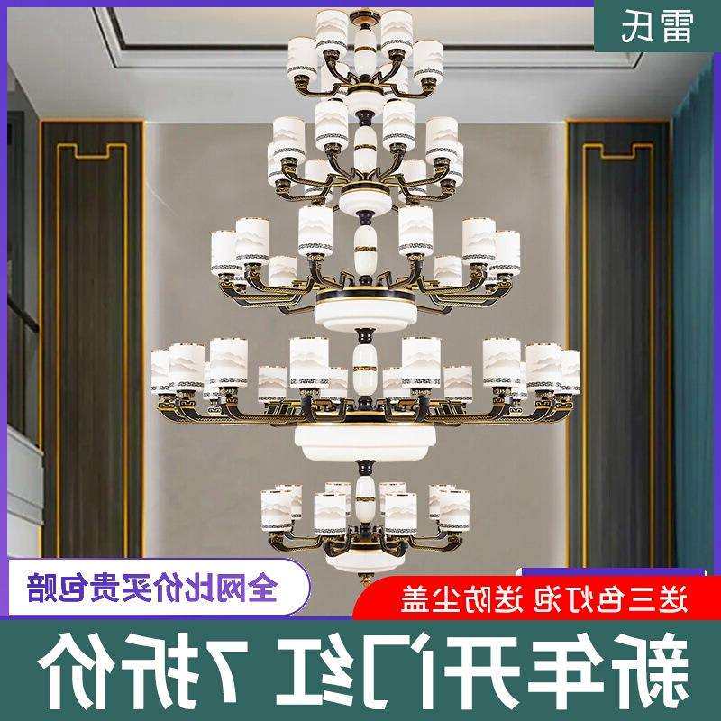 复式楼大吊灯新中式别墅客厅灯中空楼中楼挑高自建房五层黑色灯具
