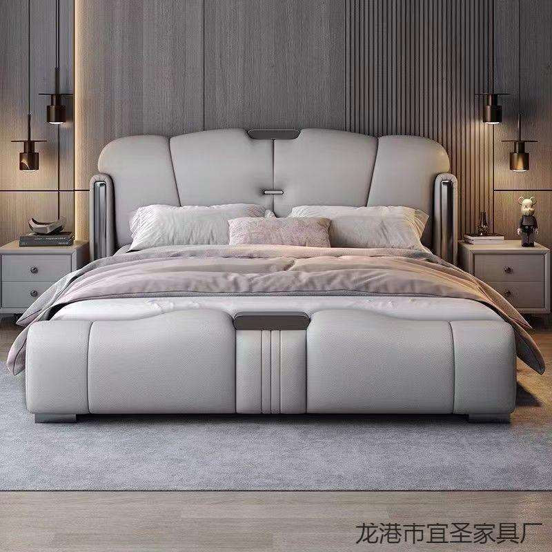 意式轻奢真皮床主卧大床高级现代简约床储物双人床高端软包结婚床