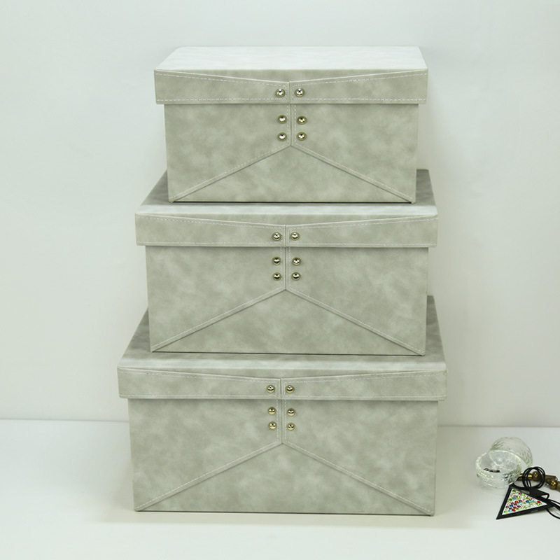 新中式样板房软装家居装饰品收纳盒浅灰色皮质衣帽间卧室装饰盒子
