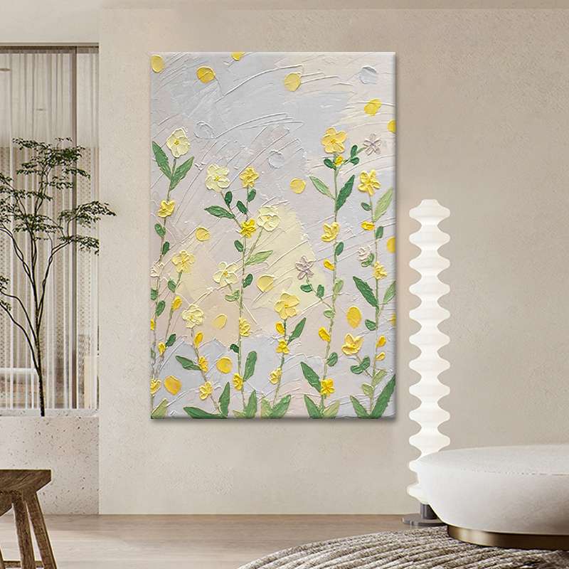客厅抽象黄色花卉肌理画玄关立体丙烯手绘油画竖版高级感装饰挂画图片