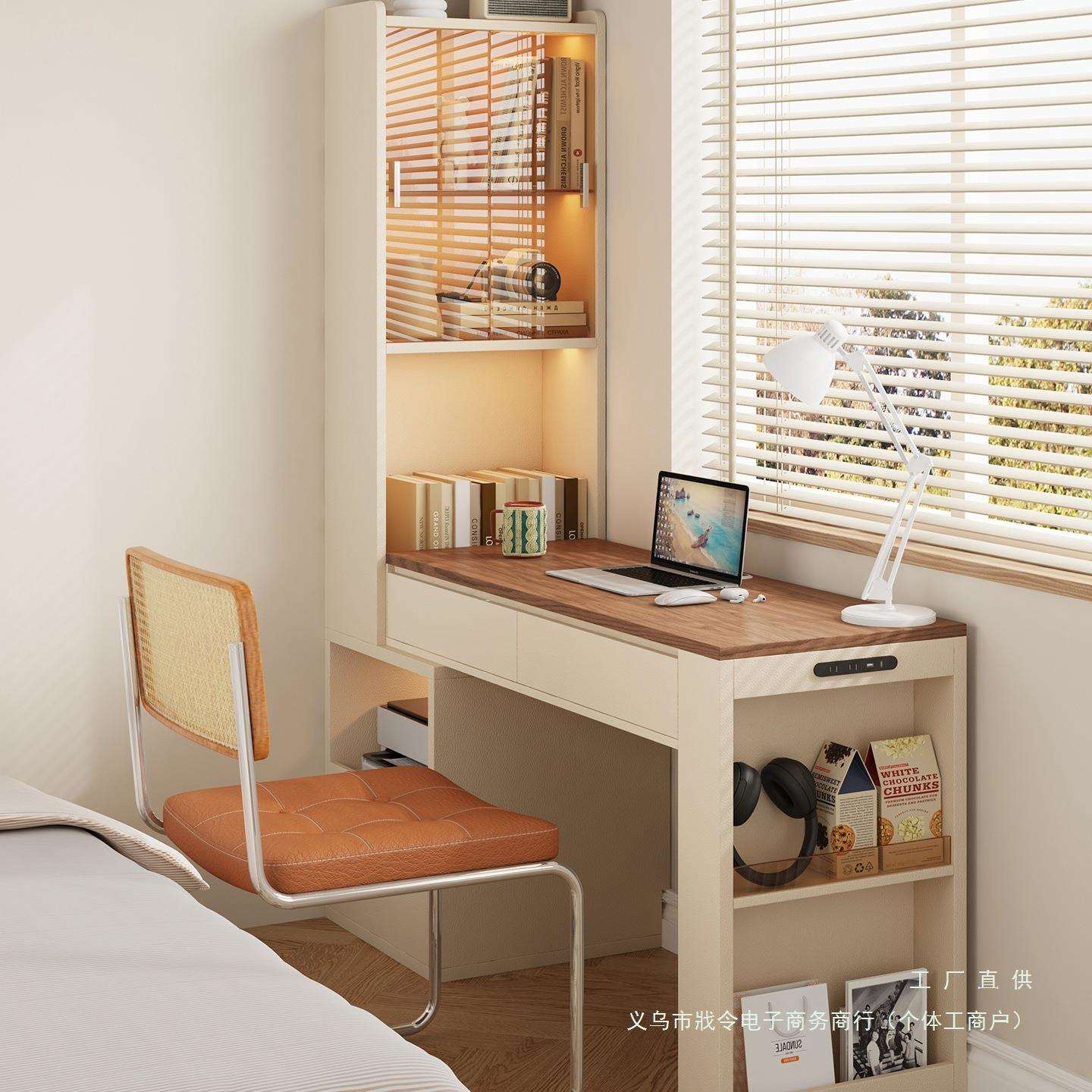 中古奶油风伸缩书桌书架一体桌子小户型实木电脑学习桌写字台绢花