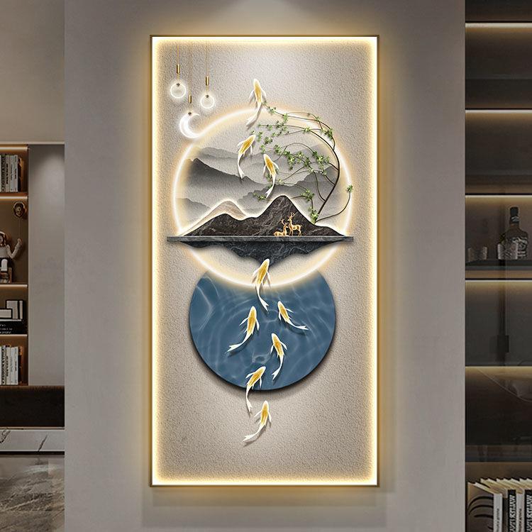 新中式流水生财入户玄关装饰画楼梯转角水墨山水过道壁LED灯光画