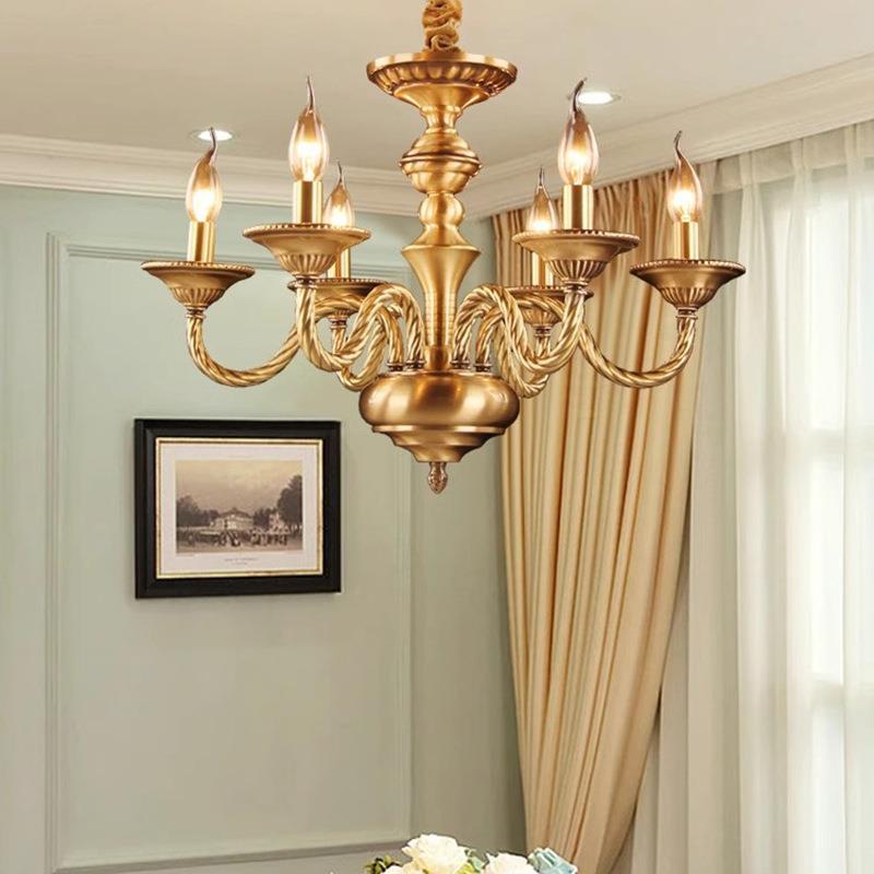 美式复古全铜吊灯6头钮纹管蜡烛吊灯客厅餐厅卧室书房灯