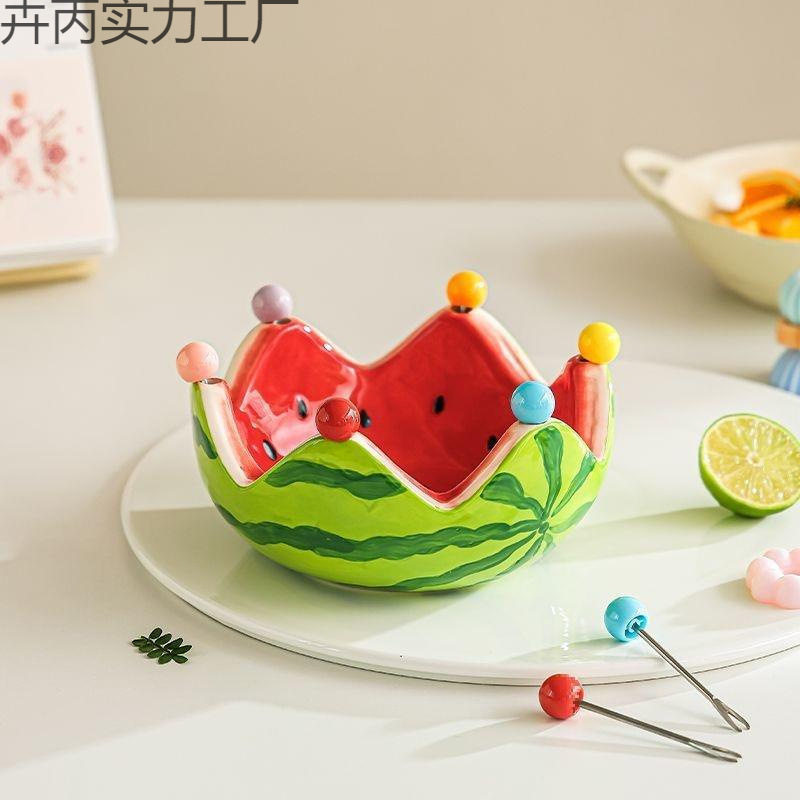 水果套装西瓜家用陶瓷甜品可爱不锈钢叉子收纳罐果儿童果签