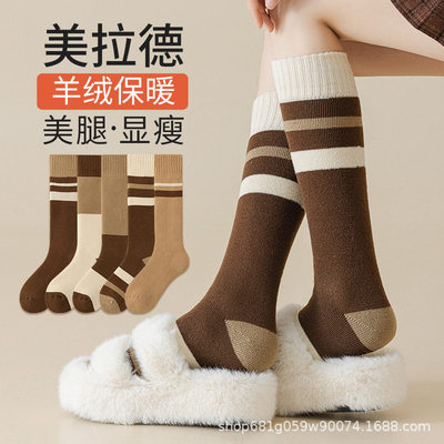 美拉德条纹小腿袜子女款秋冬加绒加厚咖色长筒袜保暖冬天月子长袜