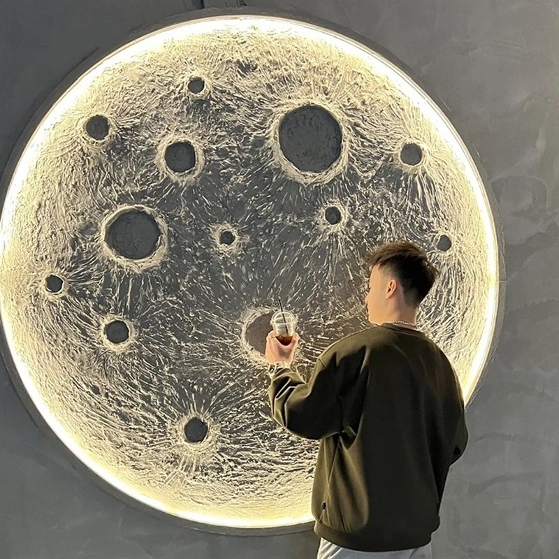 3D立体浮雕月球灯壁灯网红氛围装饰酒H馆背景墙壁挂石膏月亮壁画图片