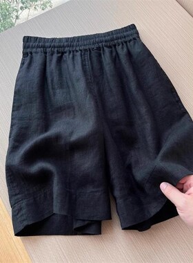 黑色棉麻短裤女夏季2025年外穿薄款松紧腰显瘦休闲 亚麻阔腿