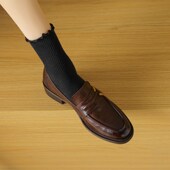 真皮粗跟金属扣小皮鞋 2024b春季 新款 女中跟圆头擦色英伦风懒人单