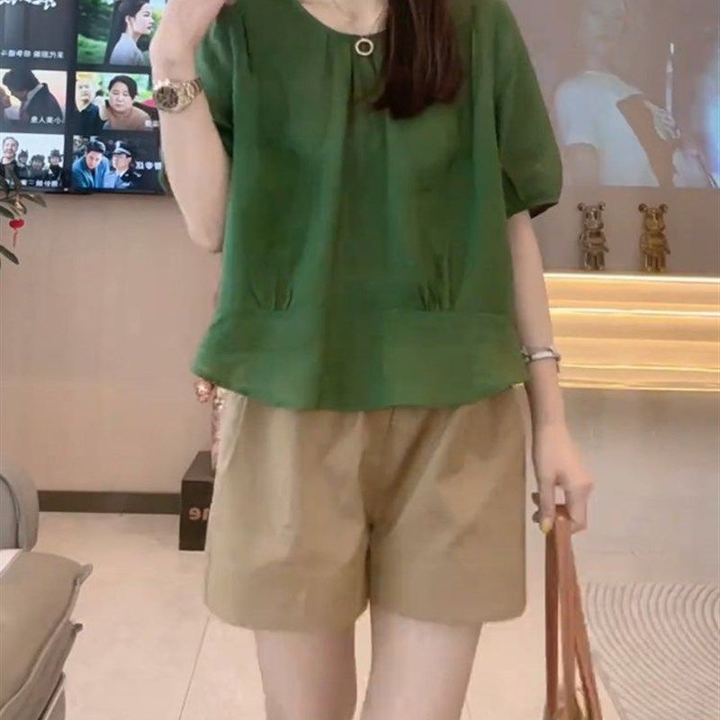 夏装搭配一整套设计感捏褶短袖T恤女休闲风高腰宽松显瘦阔腿短裤,女装/女士精品,时尚套装,淘宝优惠券,粉丝福利购,淘宝优惠卷