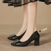 单鞋 女31323m3黑色高跟鞋 水钻粗跟职业工作鞋 小码 宽胖脚大码 41一4