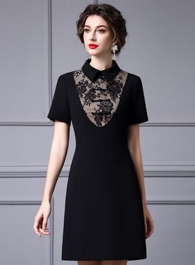 枝荔黑色高端贵气刺绣拼接高腰显瘦短袖衬衫领连衣裙夏季2025新款