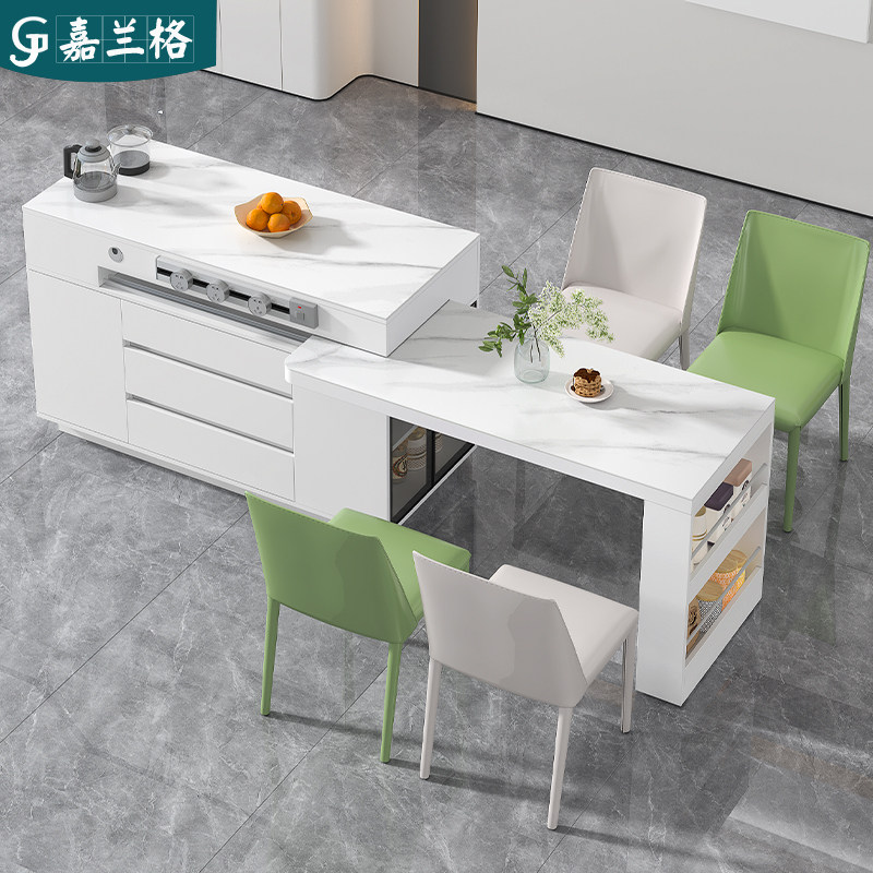 奶油风旋转岛台餐桌一体可伸缩开放式吧台厨房家用岩板中导台定制