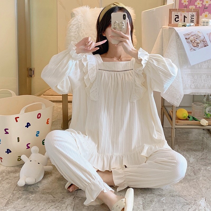 睡衣女春秋棉质长袖2022年新款公主风甜美L宫廷家居服两件套装秋