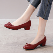 妈妈鞋 真皮软底高n跟舒适鞋 圆头红色婚宴粗跟小码 春季 单鞋 女31323