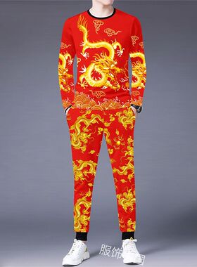 2024年潮男龙服套装t恤中国风虎年t恤网红爆款衣服男长袖长裤百搭