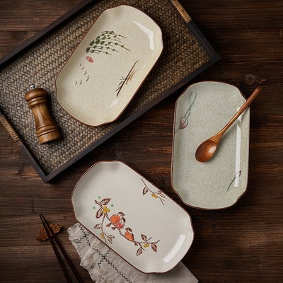 日式长方形家用陶瓷鱼盘釉下彩复古菜盘子餐具微波炉蒸鱼深盘餐厅