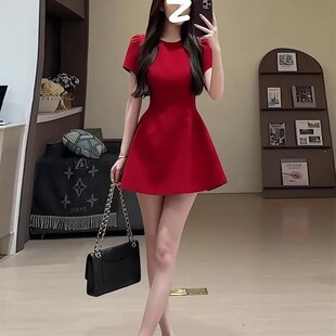 红色短袖洋装女夏季法式气质订婚礼服敬酒服收腰显瘦红裙子短裙