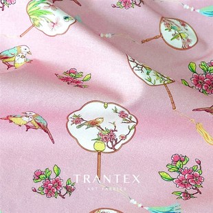 天冉艺纺60支全棉府绸纯棉印花中国风旗袍唐装 面料布料扇子鸟