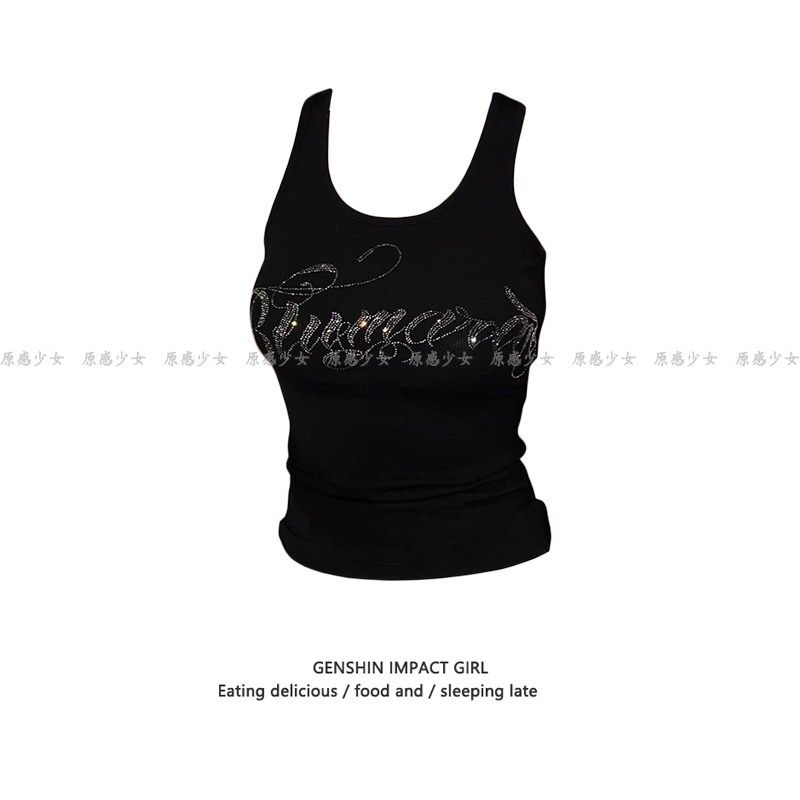 美式字母烫钻无袖修身显瘦工字背心休闲百搭夏季新款吊带打底上衣