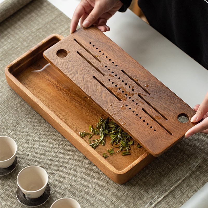 干泡盘胡桃木茶盘家用小型茶台储水式茶海新中式茶托简约茶具托盘