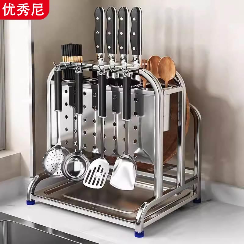 304不锈钢刀架2024新款厨房多功能置物架菜板筷子刀具收纳架一体